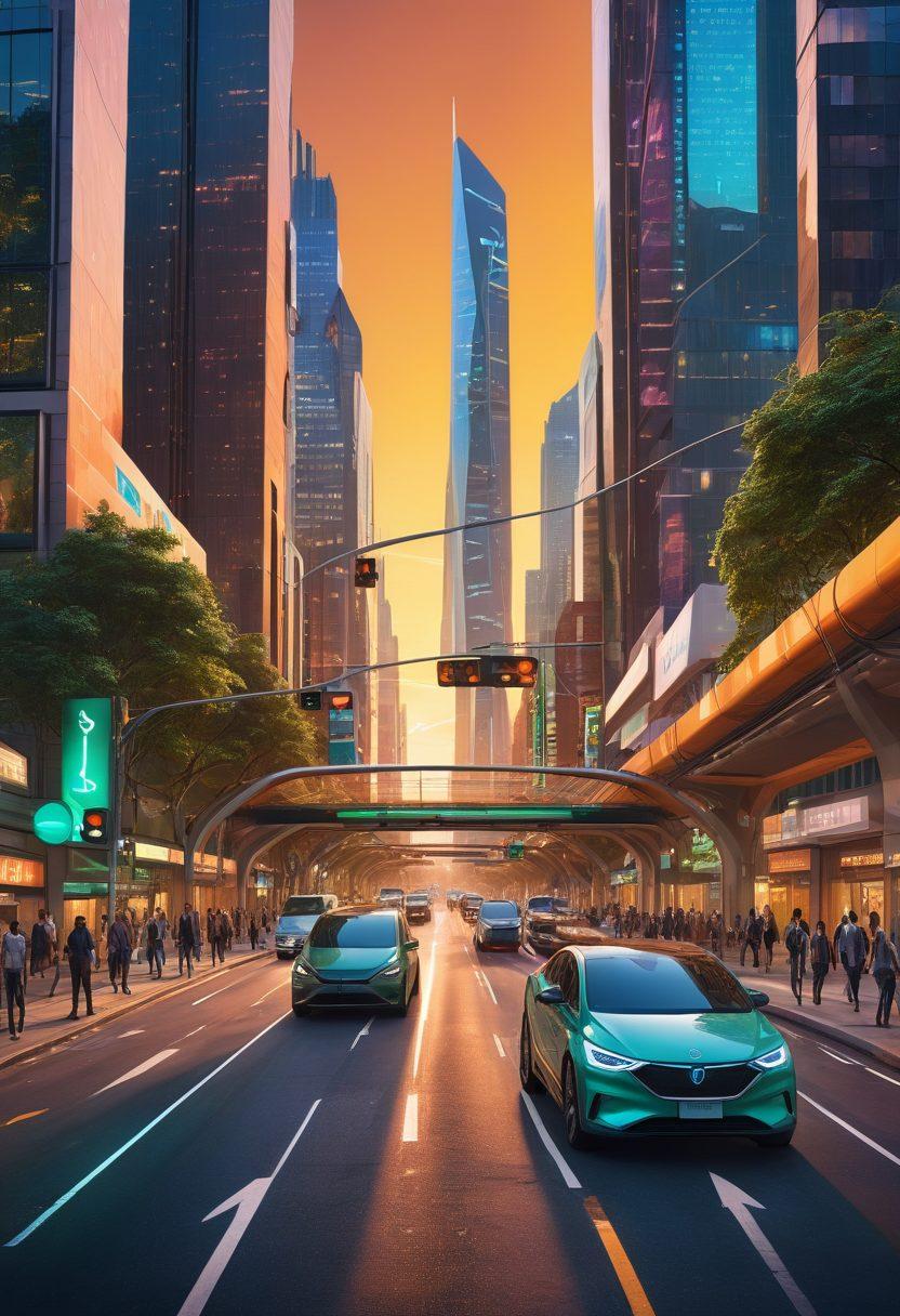 A vibrant cityscape showcasing futuristic ride-sharing vehicles navigating through bustling streets. Include diverse people using smartphones to summon rides, with smart traffic signals and autonomous cars in the background. Illustrate the integration of green spaces and advanced transportation technology, symbolizing sustainability and innovation. A sunset glow enhances the urban atmosphere, reflecting hope and progress. futuristic city, bright colors, dynamic composition.