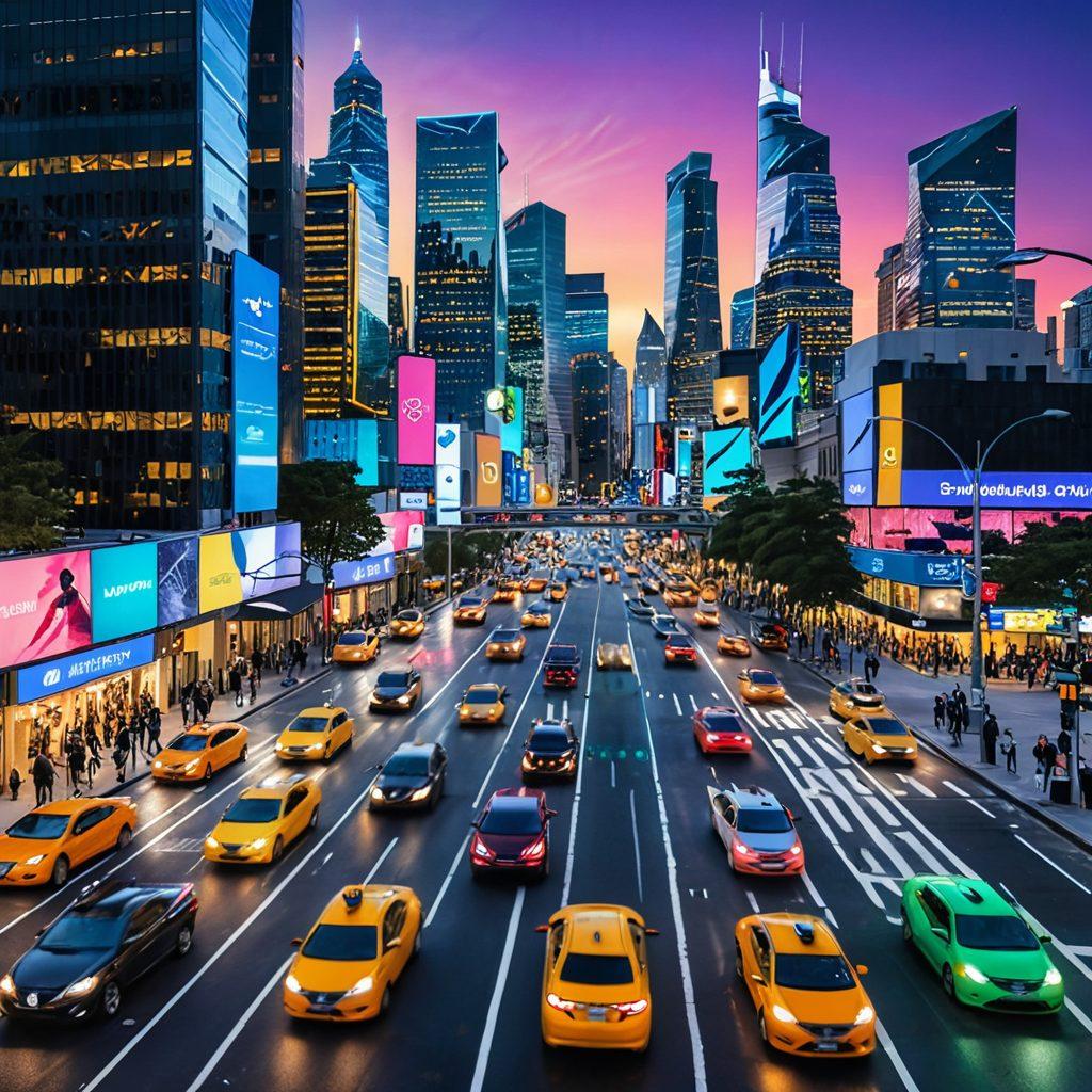 A bustling cityscape with various colorful on-demand ride vehicles like scooters, taxis, and rideshare cars, weaving through busy streets filled with commuters. Include people using smartphones to book rides, showcasing a sense of urgency and convenience. Incorporate elements of technology and connectivity, such as digital maps and app notifications glowing on screens. The skyline should be modern and vibrant, emitting a sense of movement and progress. super-realistic. vibrant colors. dynamic composition.