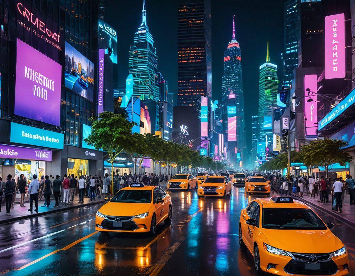 A futuristic cityscape featuring a blend of autonomous taxis, drones, and mobile apps displayed on vibrant screens. The foreground highlights diverse passengers using phones to book rides while modern vehicles glide seamlessly across the streets. Skyscrapers with greenery and digital advertisements showcasing mobility solutions create an innovative atmosphere. Bright neon colors illuminate the scene, suggesting advanced technology and urban hustle. dynamic and immersive. vibrant colors. 3D.